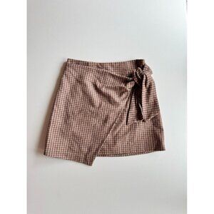Aritzia WILFRED Dorine Brown Red Check Wool A-Line Wrap Front Mini Skirt, Size 2